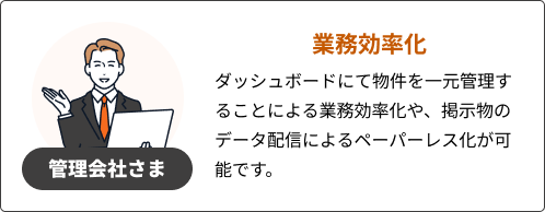 管理会社さま：業務効率化 ダッシュボードにて物件を一元管理することによる業務効率化や、掲示物のデータ配信によるペーパーレス化が可能です。