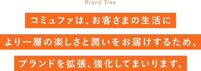 Brand Tree コミュファは、お客さまの生活により一層の楽しさと潤いを
            お届けするため、ブランドを拡張、強化してまいります。