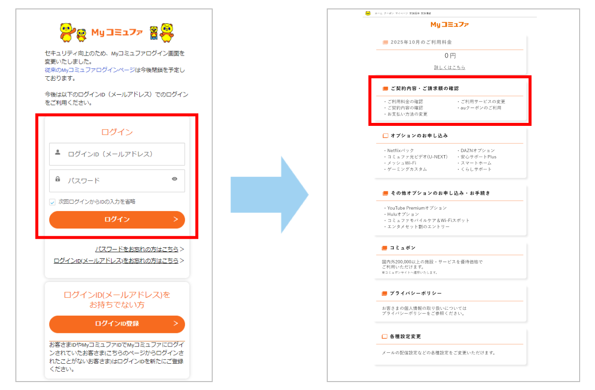 Myコミュファ ログイン画面