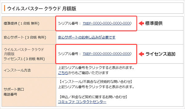 ３．標準提供（1台版 無料）に記載されている英数字20文字がシリアル番号です。表示されているシリアル番号をクリックすると、インストール手順が表示されます。