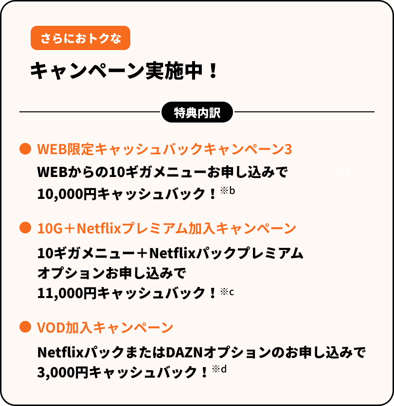 さらにおトクなキャンペーン実施中！＜特典内訳＞・WEBからの10ギガメニューお申し込みで、10,000円キャッシュバック！・10ギガメニュー＋Netflixパックプレミアムプランオプション加入で、11,000円キャッシュバック！・Netflixパック加入で、3,000円キャッシュバック！
